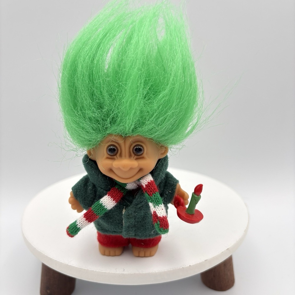 Vintage Christmas Caroler Elf Lucky Troll Doll by Russ Green Hair & Candlestick
